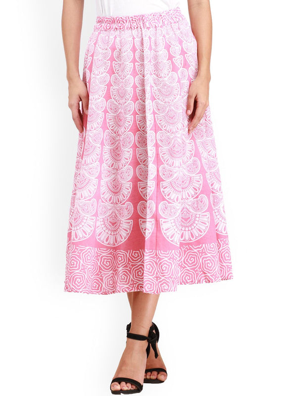 Exotic India Pure Cotton Block Printed Patterns Mauveglow Midi-Skirt
