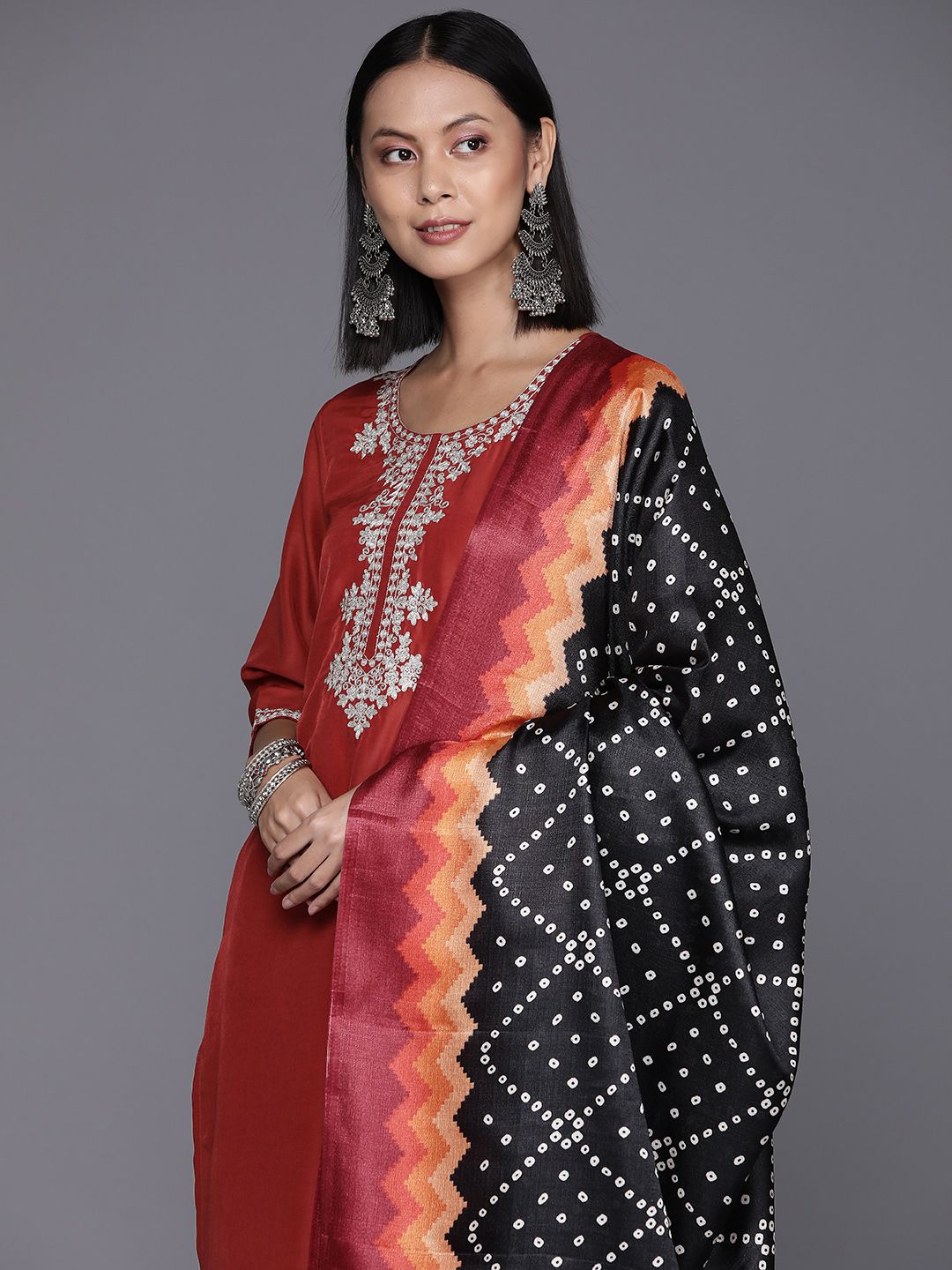 Varanga Women Rust Yoke Design Zari Kurta with Trousers & Dupatta
