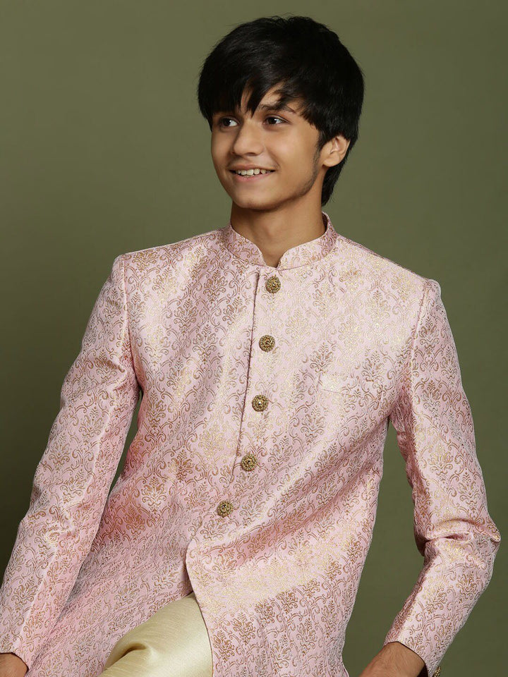 VASTRAMAY Boys Woven Design Brocade Sherwani Set