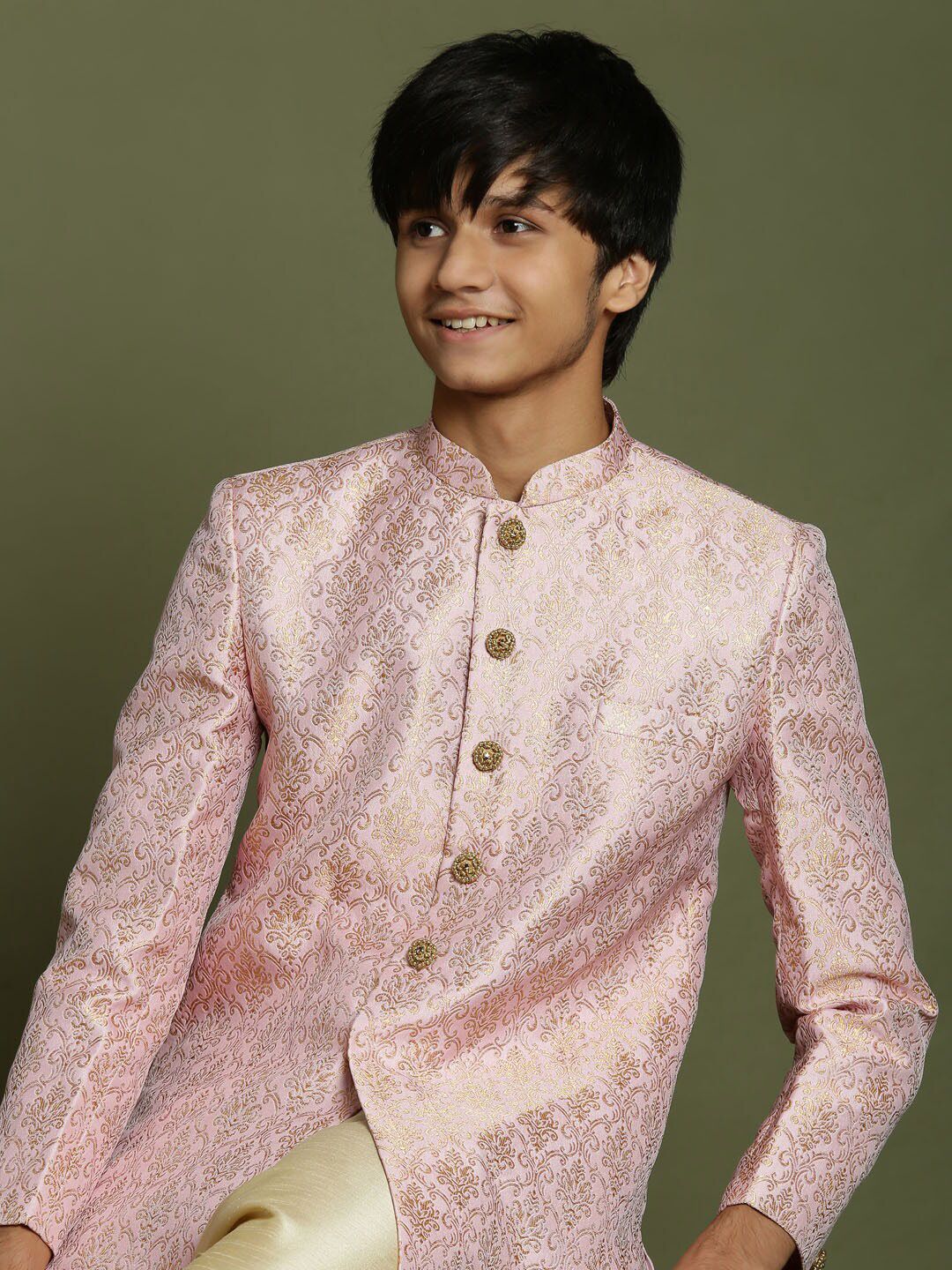 VASTRAMAY Boys Woven Design Brocade Sherwani Set