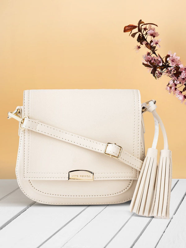 Lino Perros Women Cream-Coloured Solid Sling Bag with Tasselled Detail