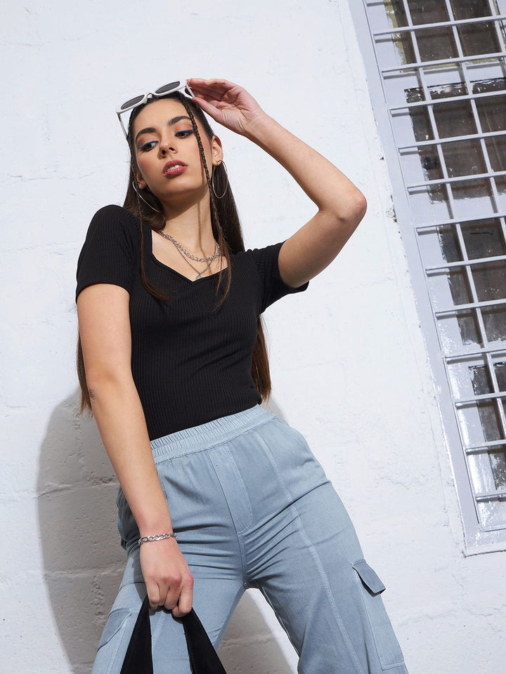 SASSAFRAS Black Square Neck Cotton Fitted Top