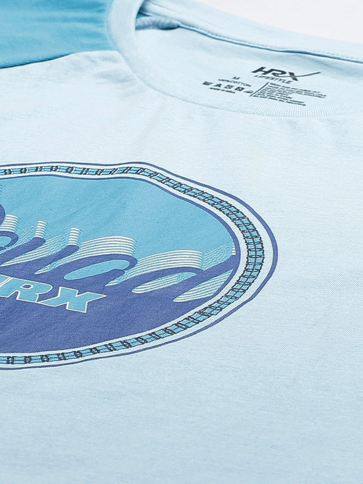 HRX By Hrithik Roshan Men Crystal Blue Cotton Printed Bio-Wash Lifestyle Pure Cotton T-shirt
