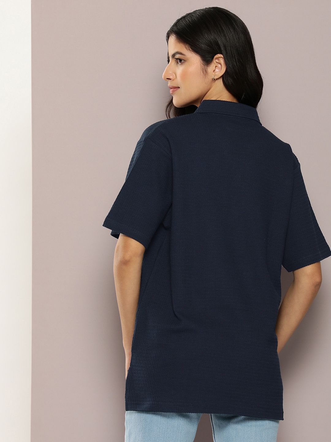 DILLINGER Women Waffle Structure Oversized Polo Collar T-shirt