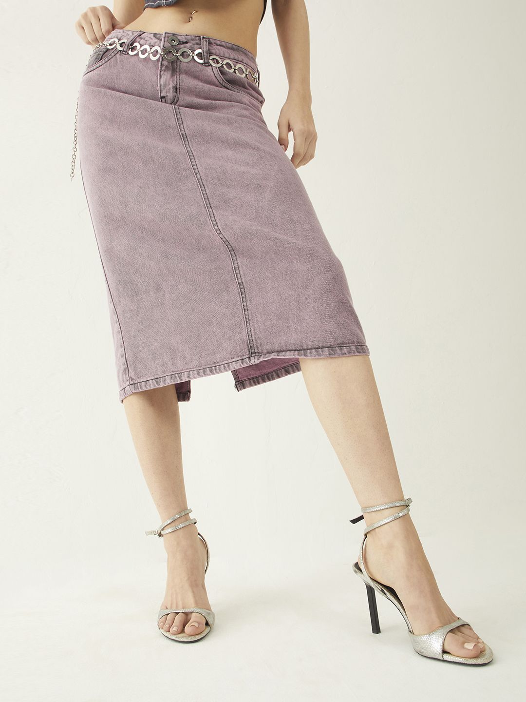 DressBerry Women Urban Vibe Back Slit Denim Faded A-Line Skirt