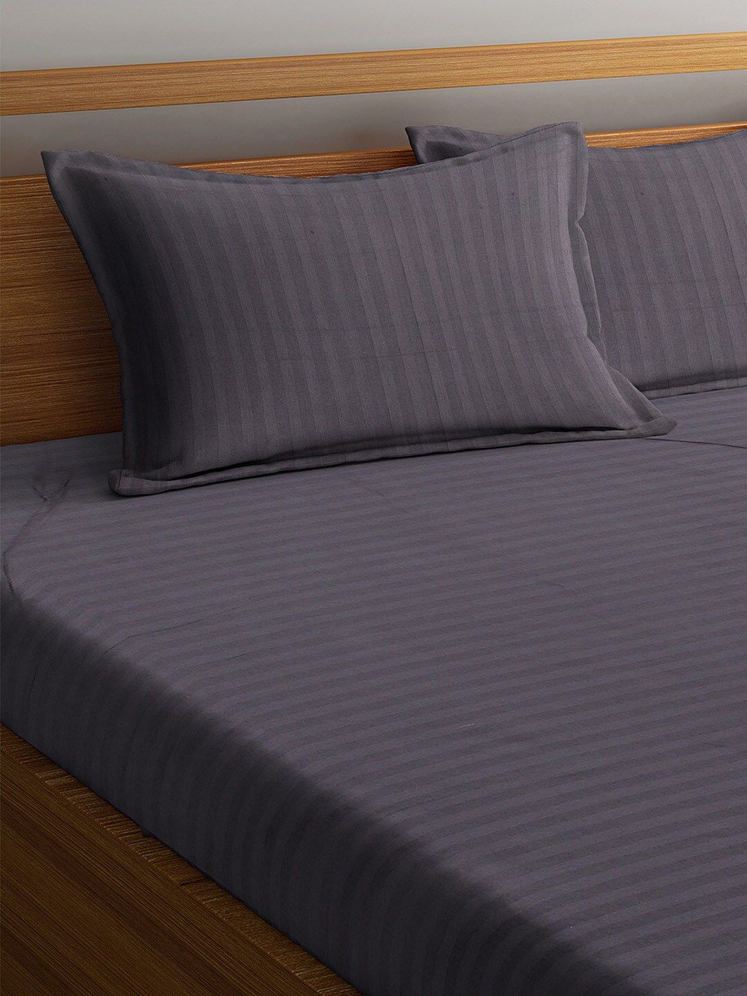 HOSTA HOMES Grey Striped 300 TC Cotton 1 King Bedsheet with 2 Pillow Covers