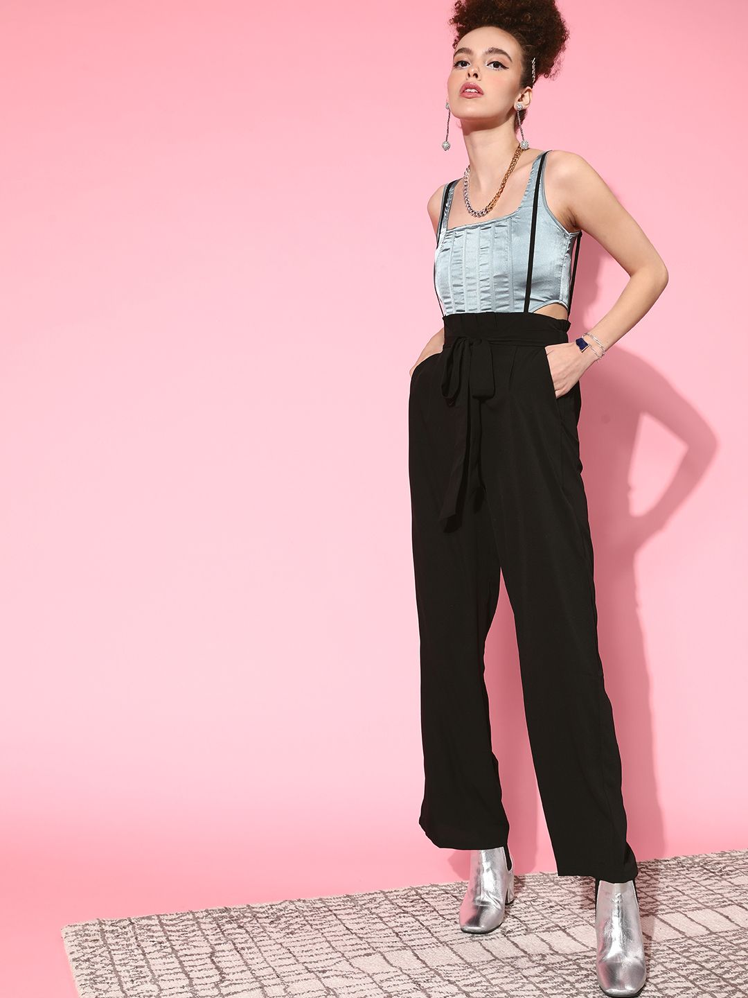 Berrylush Women Black Solid High-Rise Pleated Trousers with Suspenders