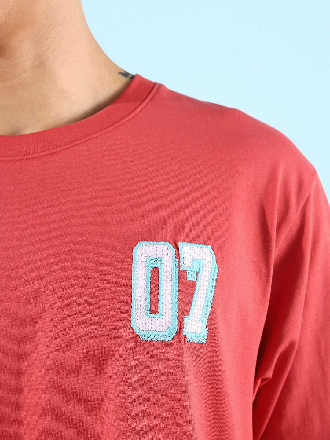 DILLINGER Men Red & White Typography Embroidered Oversize Pure Cotton T-shirt
