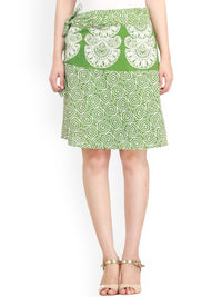 Exotic India Pure Cotton Block Printed Stone Green Wrap-Around Mini-Skirt