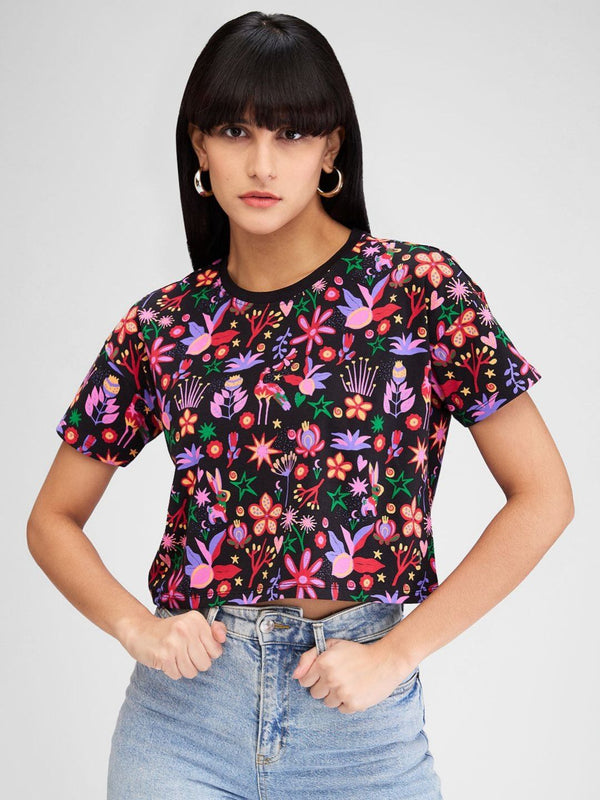 SPYKAR Women Floral Printed Tropical Pockets Boxy T-shirt