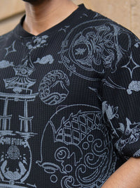 Powerlook Japanese Printed Henley Collar Drop-Shoulder Sleeves T-shirt