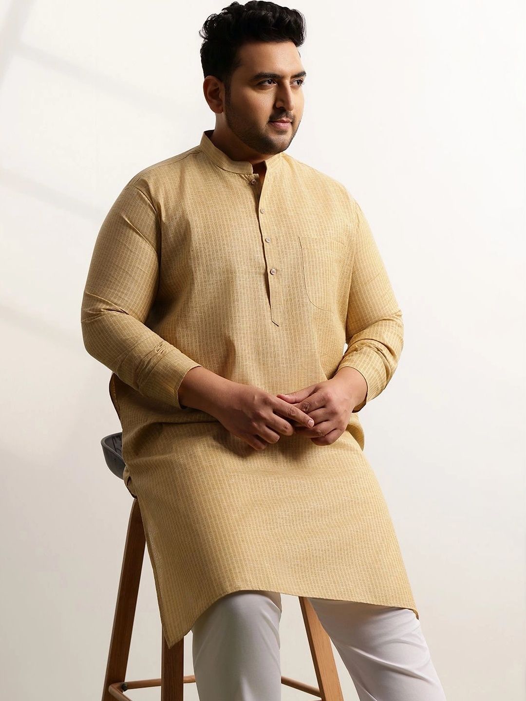 SOJANYA PLUS Lelaki Motif Etnik Kurta Kapas Tulen Biasa dengan Seluar
