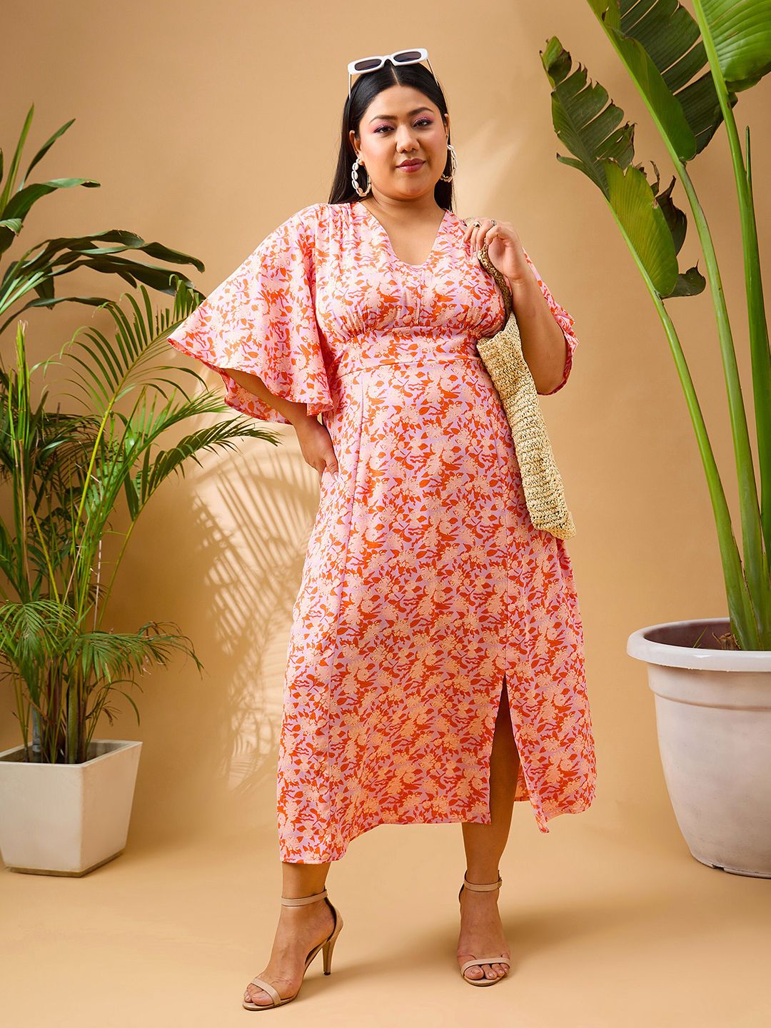 SASSAFRAS Curve Plus Size Floral Printed V-Neck Flared Sleeves Fit and Flare Midi Dress