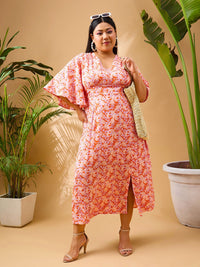 SASSAFRAS Curve Plus Size Floral Printed V-Neck Flared Sleeves Fit and Flare Midi Dress
