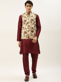 SOJANYA Men Maroon Kurta with Churidar & Nehru Jacket