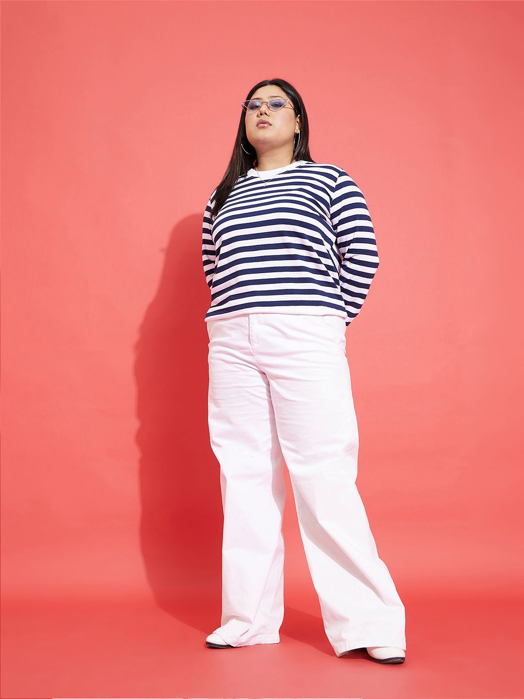 SASSAFRAS Curve Navy Blue Plus Size Striped Pullover Sweatshirt