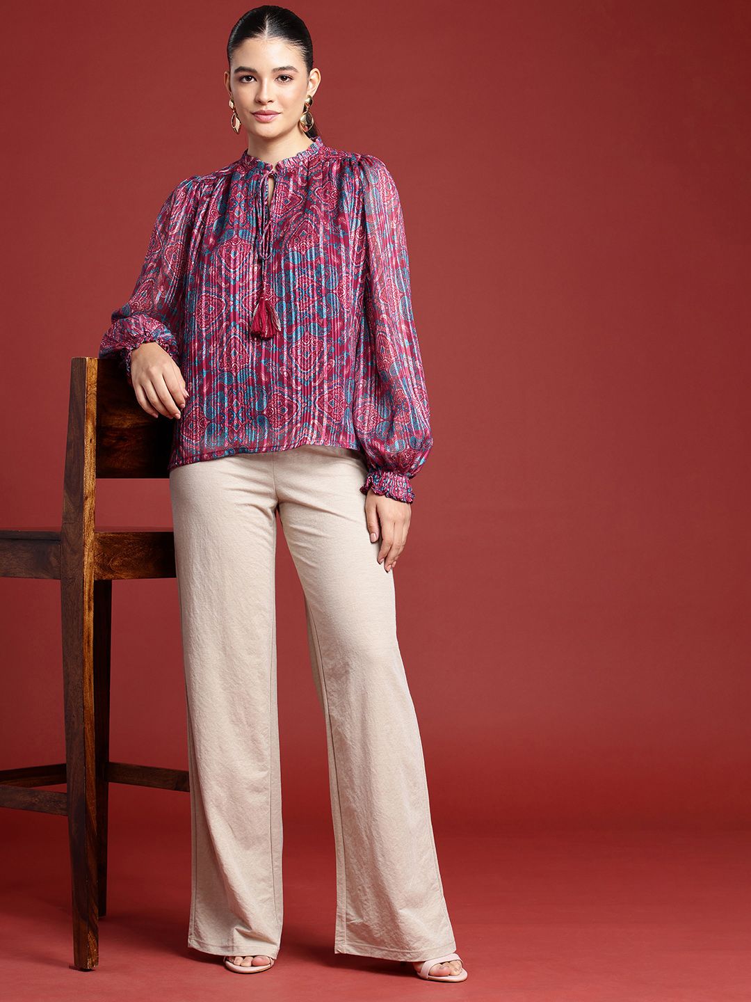 all about you Tie-Up Neck Puff Sleeve Ruffles Ethnic Printed Top