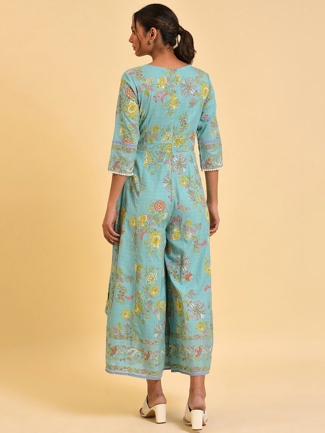 W Blue & Red Floral Printed Culotte Jumpsuit