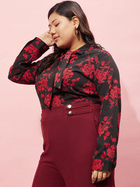 Berrylush Curve Plus Size Black Floral Printed Tie-Up Neck Top