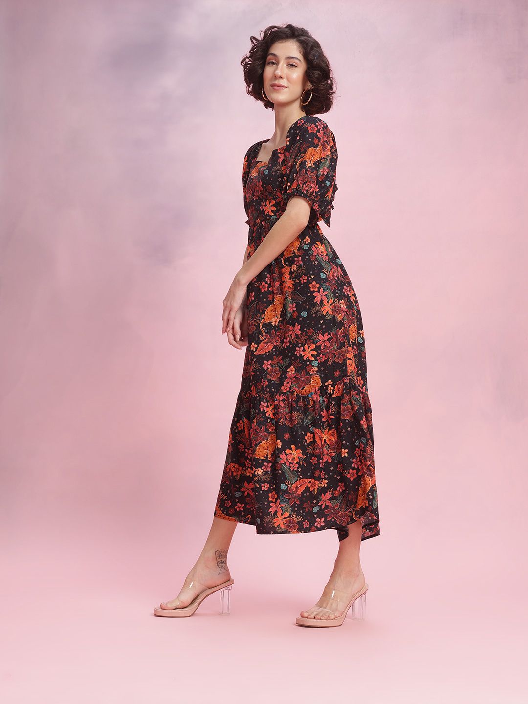 DressBerry Floral Printed Knot Detail Tiered A-Line Maxi Dress