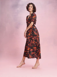 DressBerry Floral Printed Knot Detail Tiered A-Line Maxi Dress