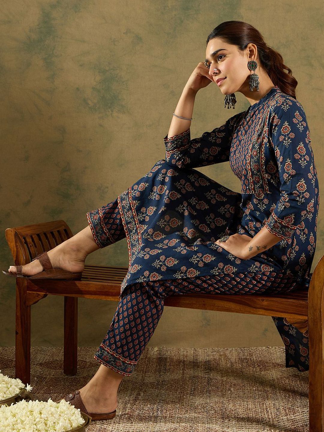 Indo Era Ethnic Motifs Printed Pure Cotton Kurta With Trousers