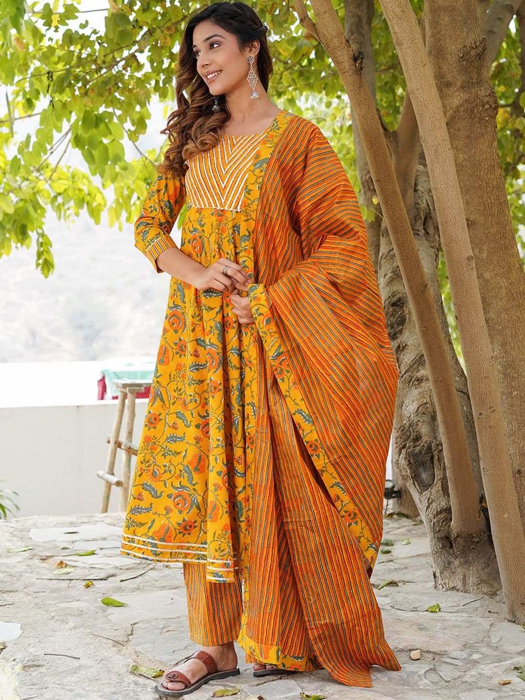 KALINI Floral Printed Gotta Patti Pure Cotton Kurta with Trousers & Dupatta