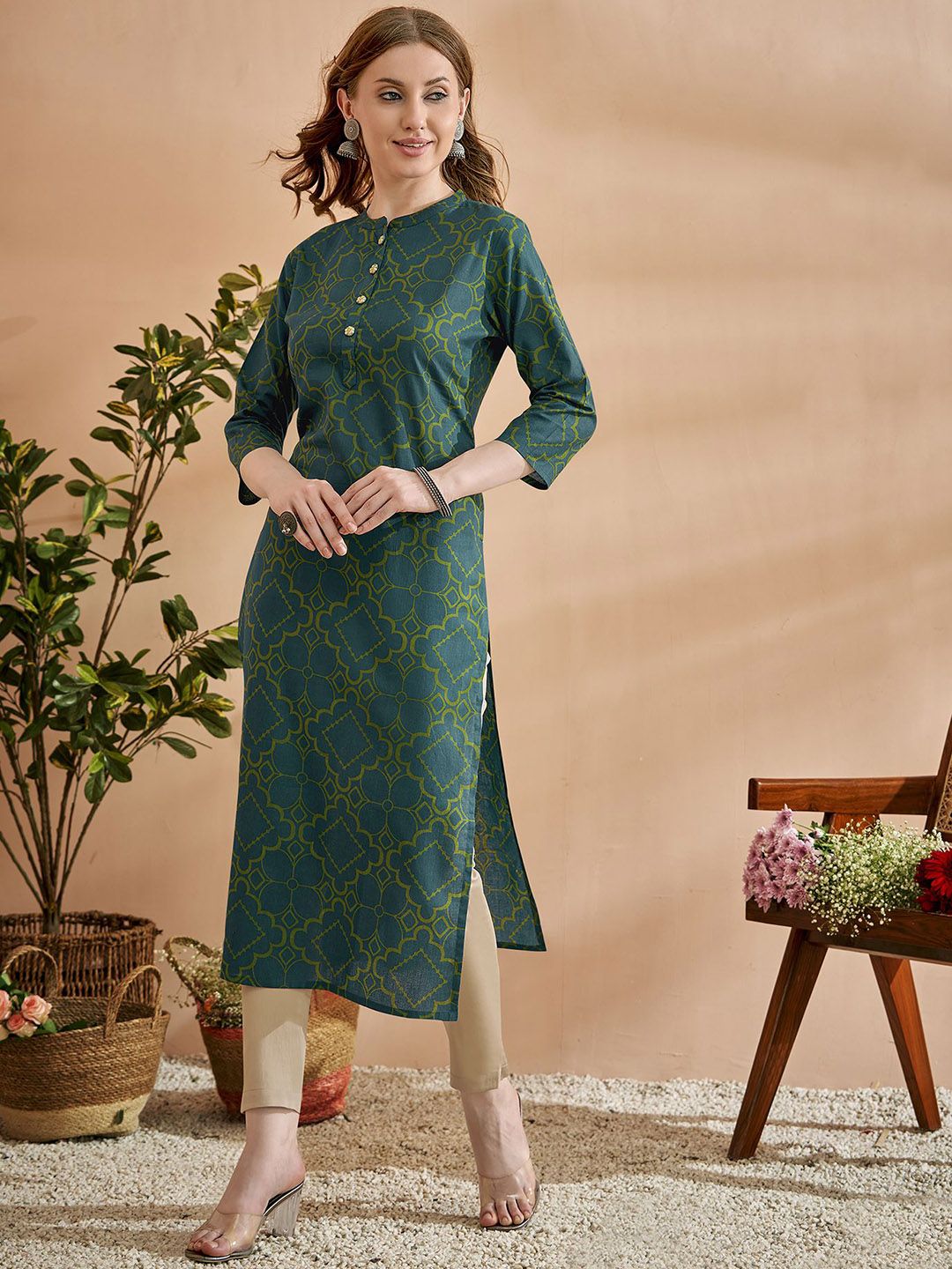 Anouk Green Ethnic Motifs Printed Mandarin Collar Cotton Regular Kurta