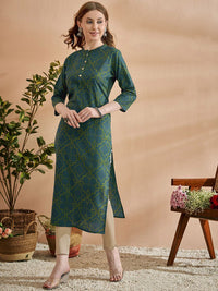 Anouk Green Ethnic Motifs Printed Mandarin Collar Cotton Regular Kurta