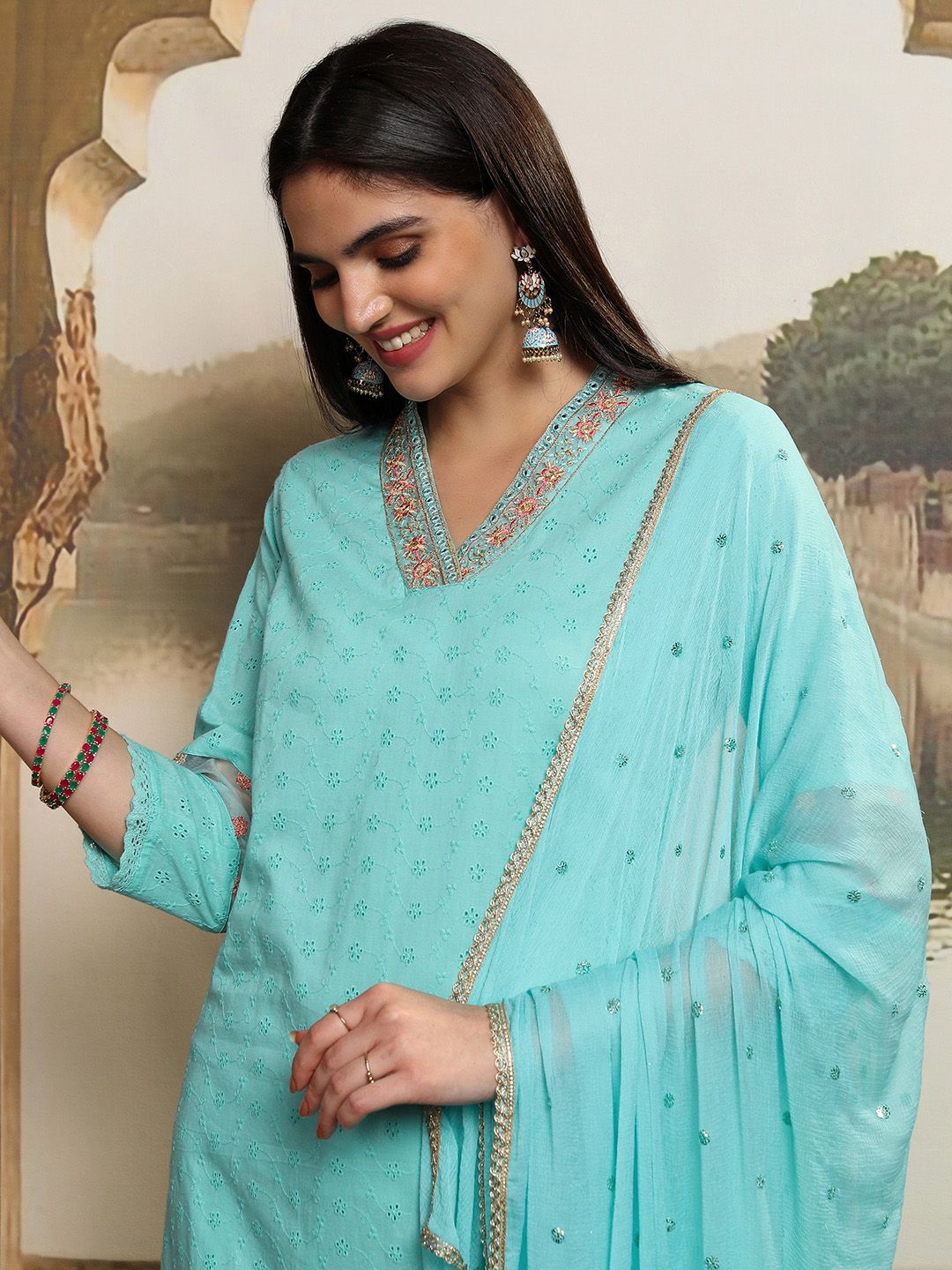 Vishudh Women Ethnic Motifs Embroidered  Thread Work Kurta with Trousers & With Dupatta