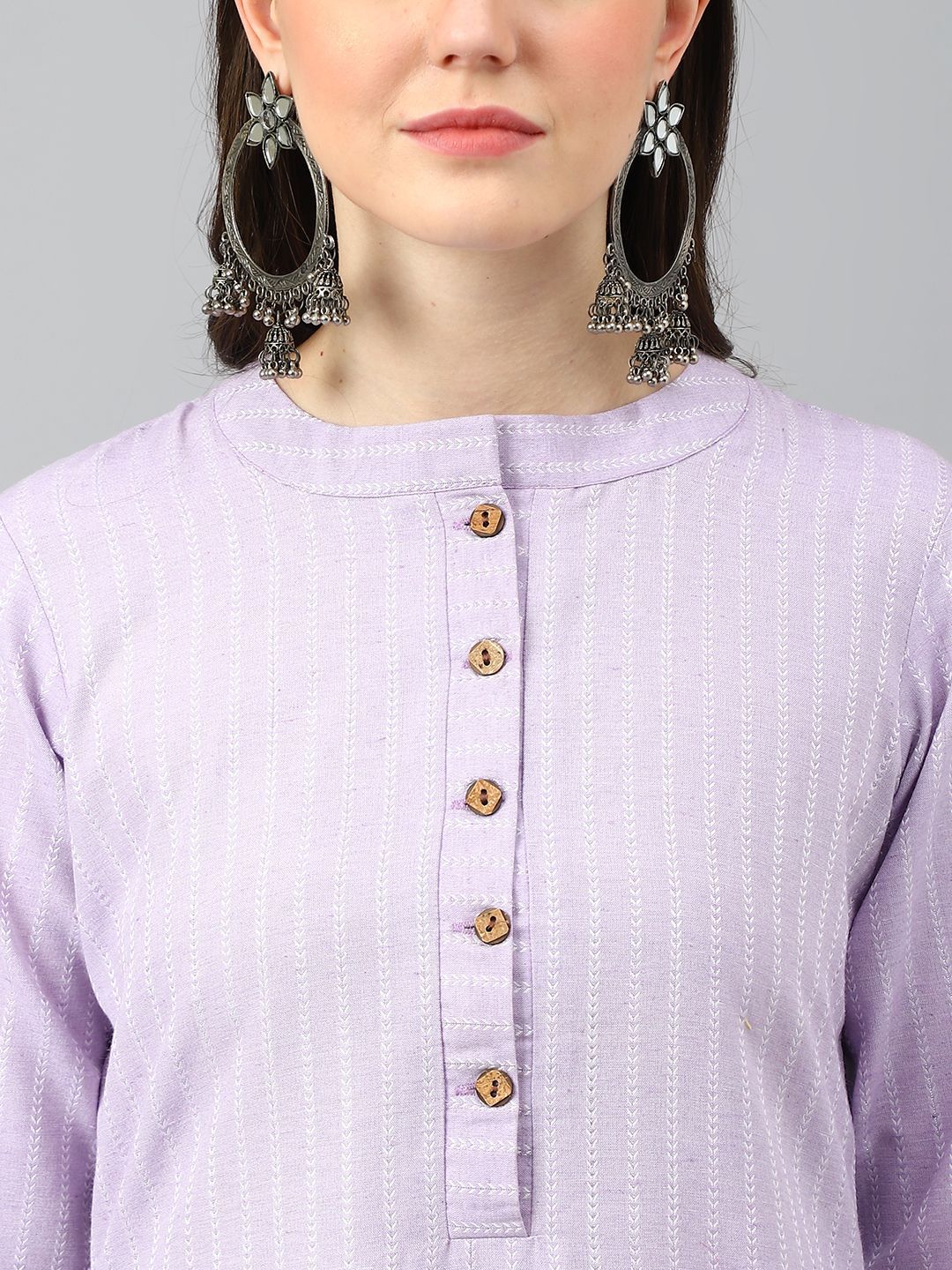 KALINI Striped Mandarin Collar Jacquard Cotton Straight Kurta