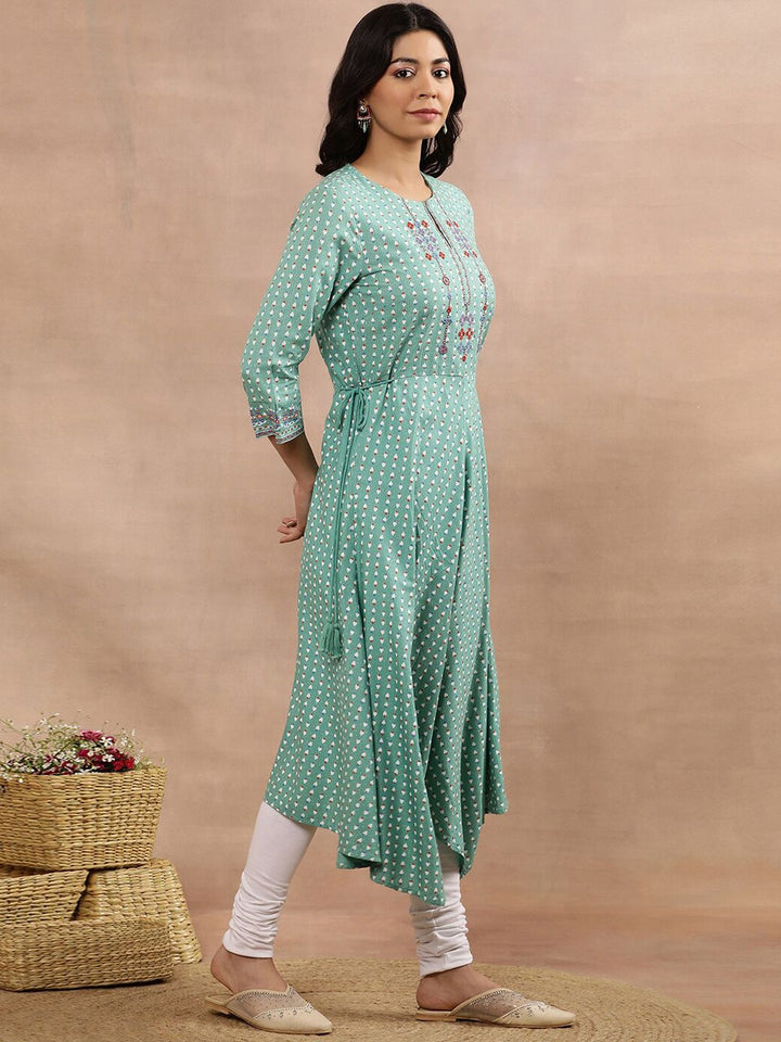 W Green Geometric Printed Keyhole Neck Anarkali Kurta Set