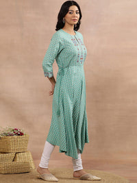 W Green Geometric Printed Keyhole Neck Anarkali Kurta Set