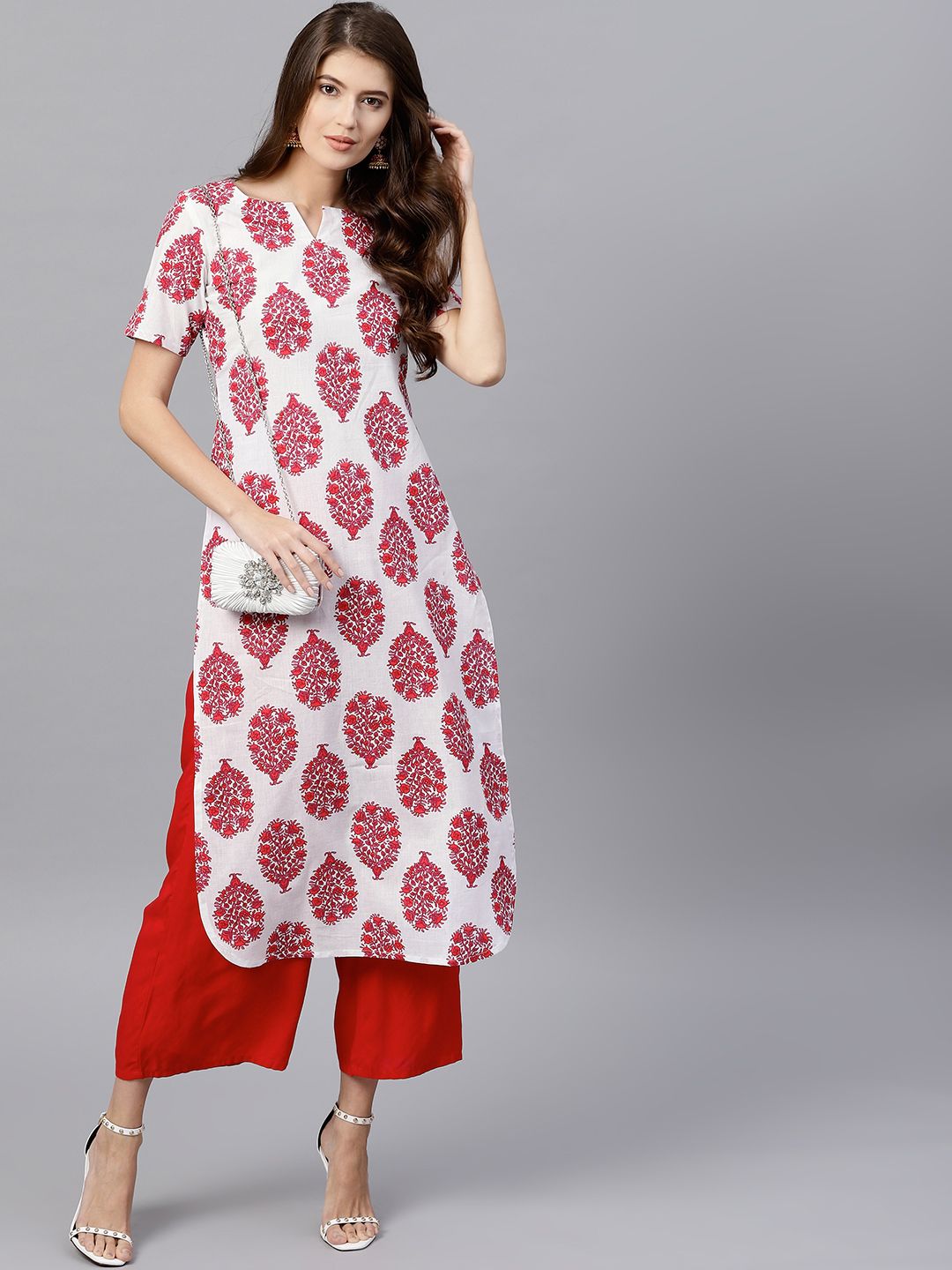 Gerua By Libas Women White  Pink Printed Straight Kurta