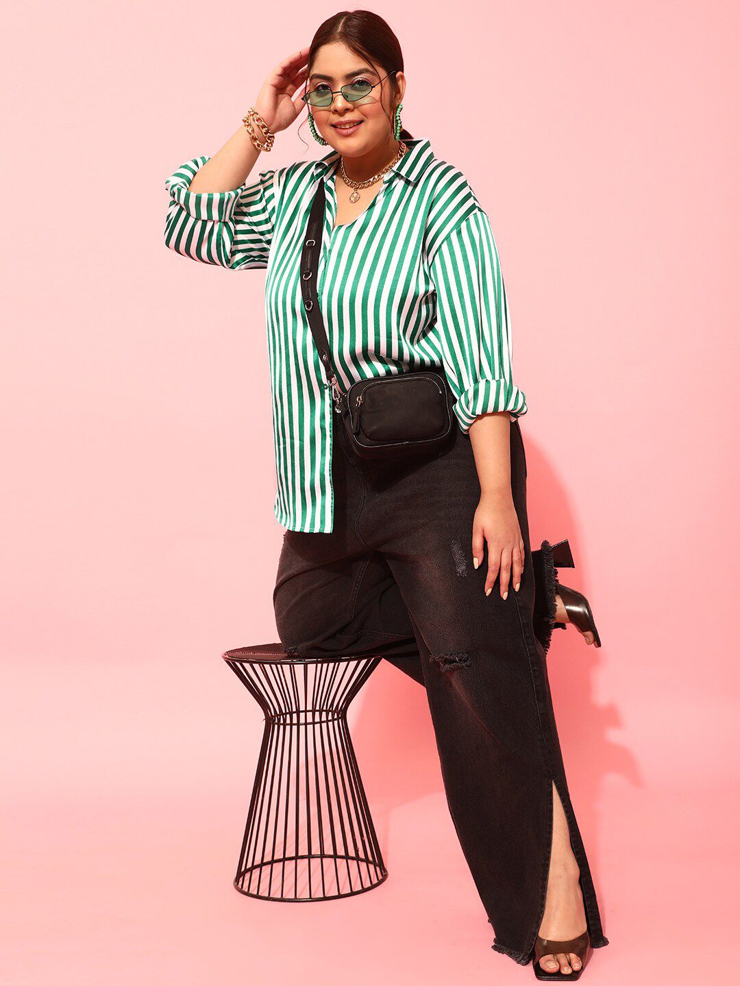 CURVY STREET Plus Size Green & White Vertical Striped Spread Collar Comfort Satin Shirt