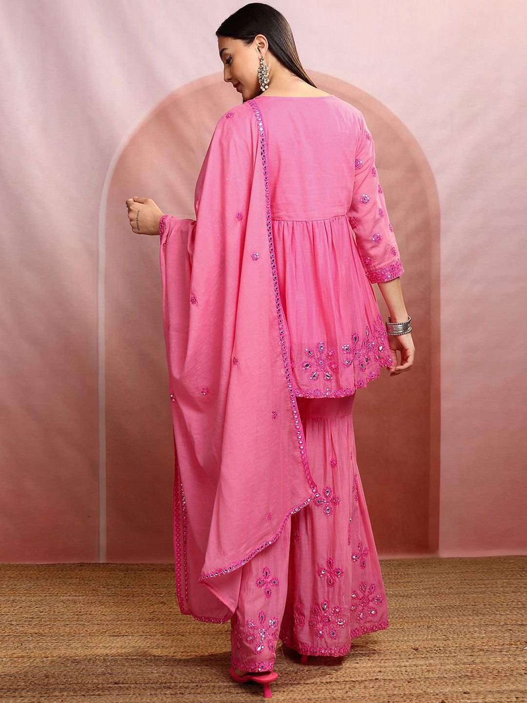 Vishudh Pink Embroidered Mirror Work Pure Cotton A-Line Kurta With Sharara & Dupatta