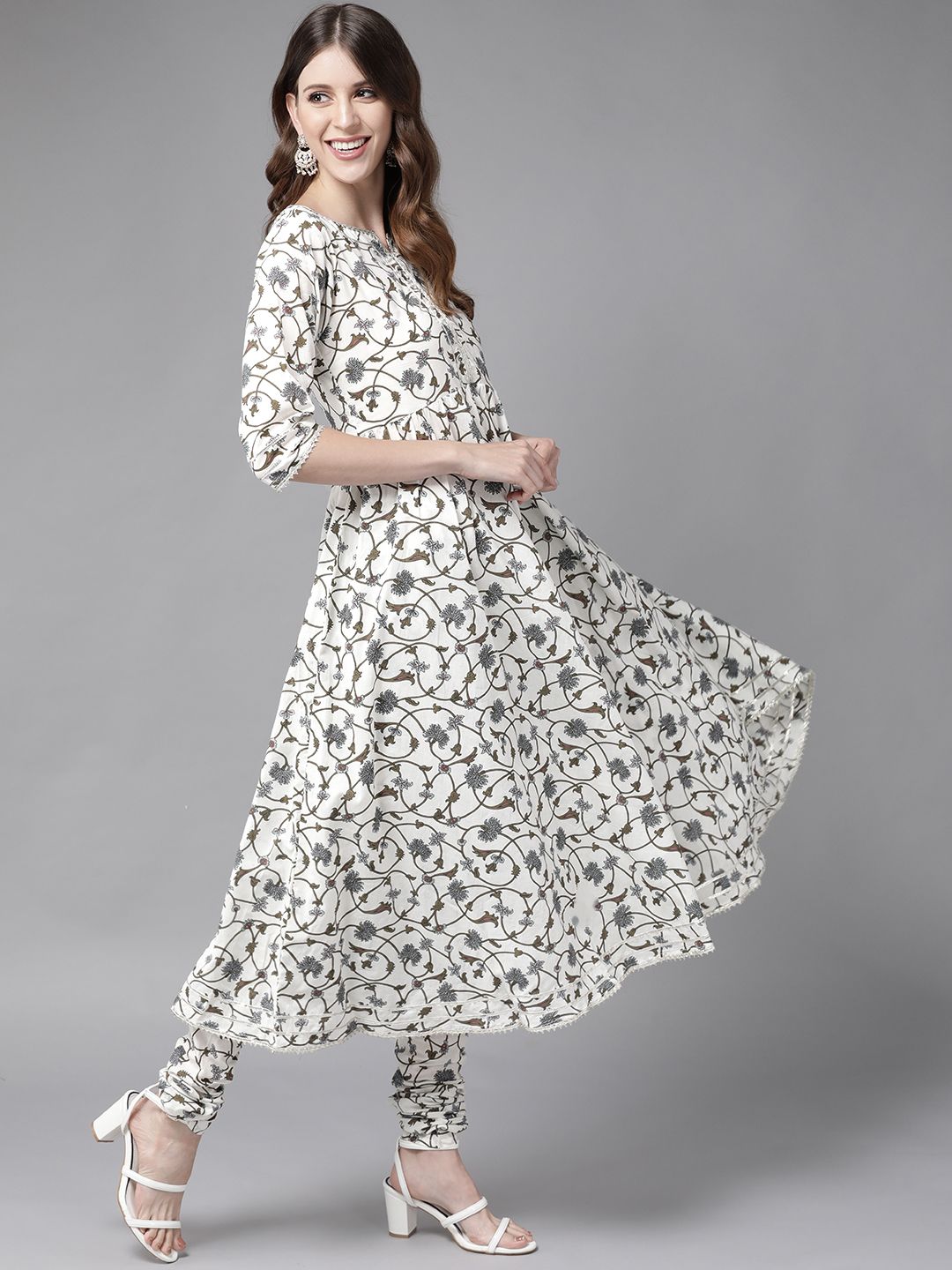 Libas Women White & Grey Floral Printed Pure Cotton Kurta with Churidar & With Dupatta