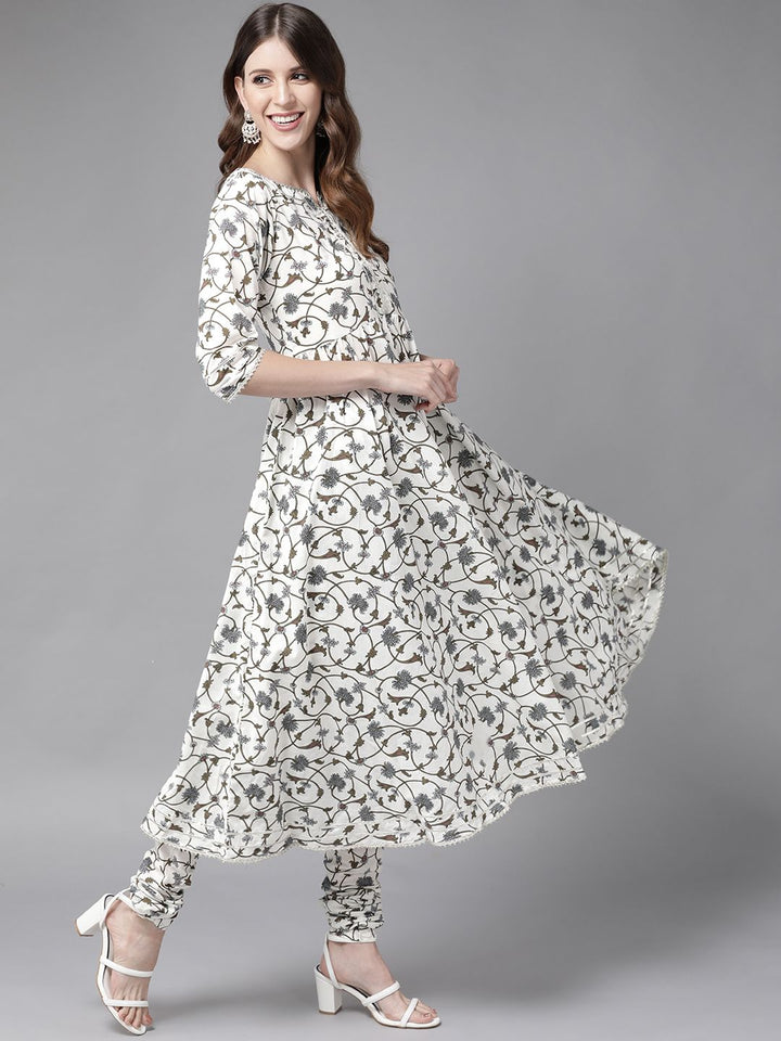 Libas Women White & Grey Floral Printed Pure Cotton Kurta with Churidar & With Dupatta