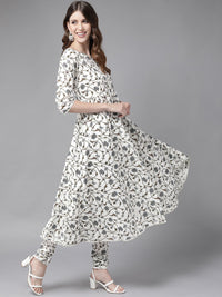 Libas Women White & Grey Floral Printed Pure Cotton Kurta with Churidar & With Dupatta