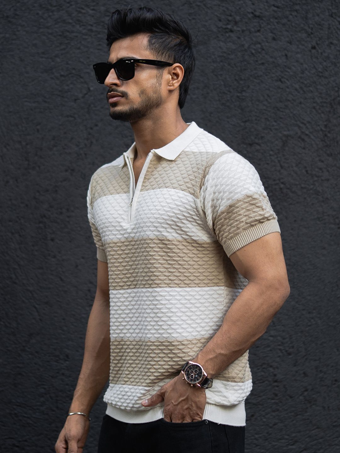 Powerlook Men Striped Polo Collar Cotton T-shirt