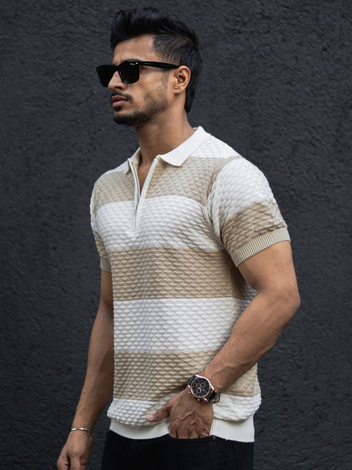 Powerlook Men Striped Polo Collar Cotton T-shirt