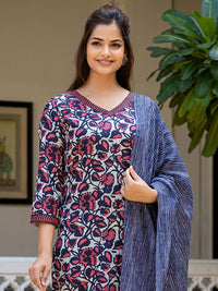 KALINI Floral Printed V Neck Straight Kurta With Trousers & Dupatta