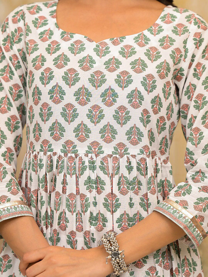 Vishudh White Floral Printed Pleated Pure Cotton Kurta with Trouser & Dupatta