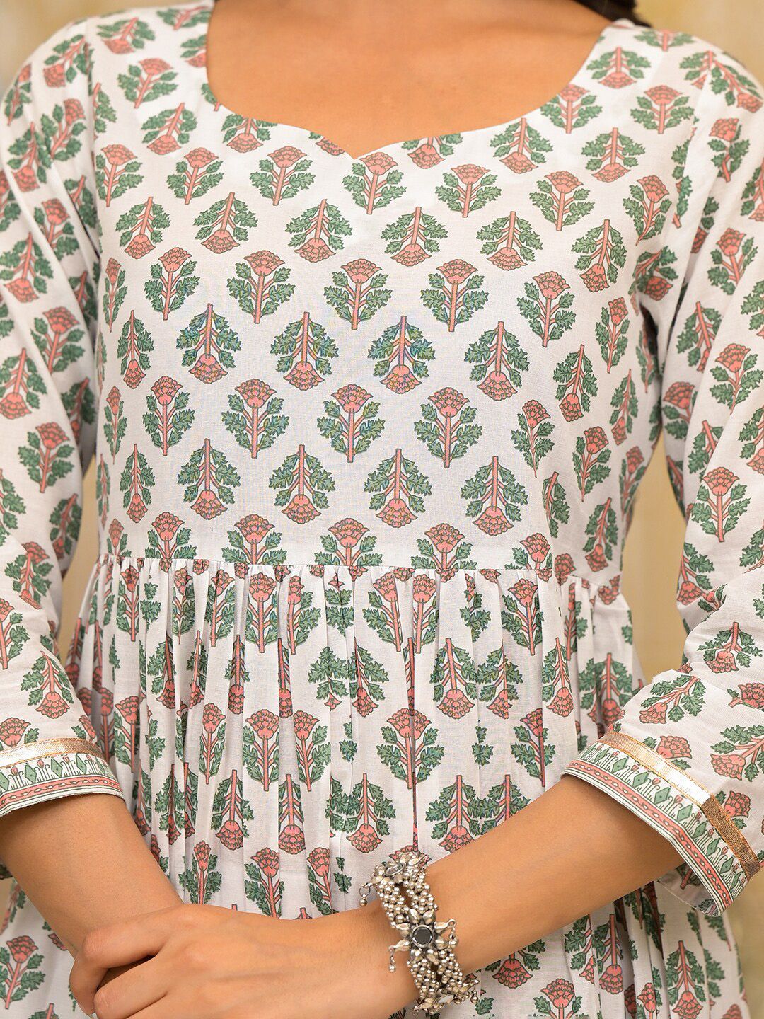 Vishudh White Floral Printed Pleated Pure Cotton Kurta with Trouser & Dupatta
