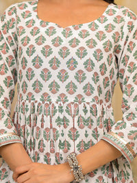 Vishudh White Floral Printed Pleated Pure Cotton Kurta with Trouser & Dupatta
