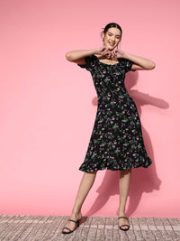 Berrylush Floral Crepe A-Line Midi Dress