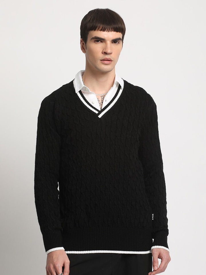 THE BEAR HOUSE Self Design V-Neck Woollen Pullover Sweater