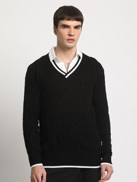 THE BEAR HOUSE Self Design V-Neck Woollen Pullover Sweater