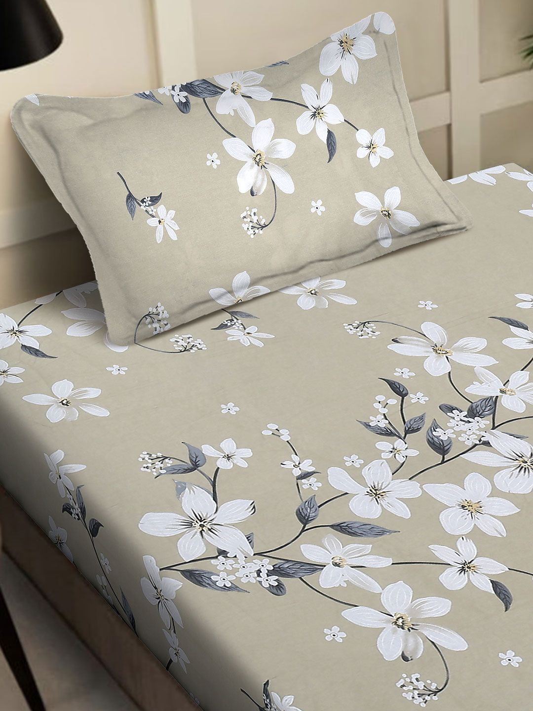 KLOTTHE Beige Printed Pure Cotton 130 GSM Single Bedsheet Set