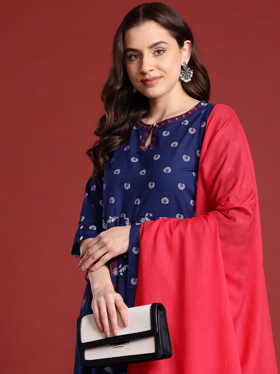 Anouk X Kaarkhana Floral Printed Pleated Pure Cotton Kurta with Churidar & Dupatta